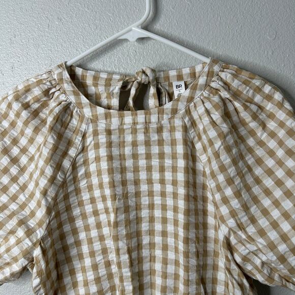 BP Gingham Balloon Sleeve Cotton Top Ivory Beige Size Small Chic leisure - Picture 3 of 8
